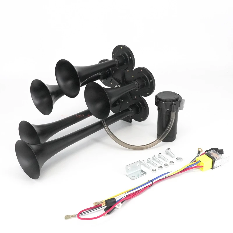 12V treble black metal five-pipe gas horn, pneumatic motor air pump with relay wiring harness super loud whistle
12V treble black metal five-pipe gas horn, pneumatic motor air pump with relay wiring harness super loud whistle