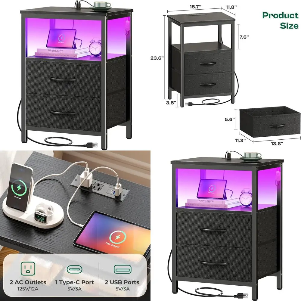 Прикроватная тумбочка с зарядным устройством и светодиодной подсветкой, тумбочка с двумя ящиками, прикроватный столик с открытой полкой, торцевой столик, тканевый комод
Прикроватная тумбочка с зарядным устройством и светодиодной подсветкой, тумбочка с двумя ящиками, прикроватный столик с открытой полкой, торцевой столик, тканевый комод