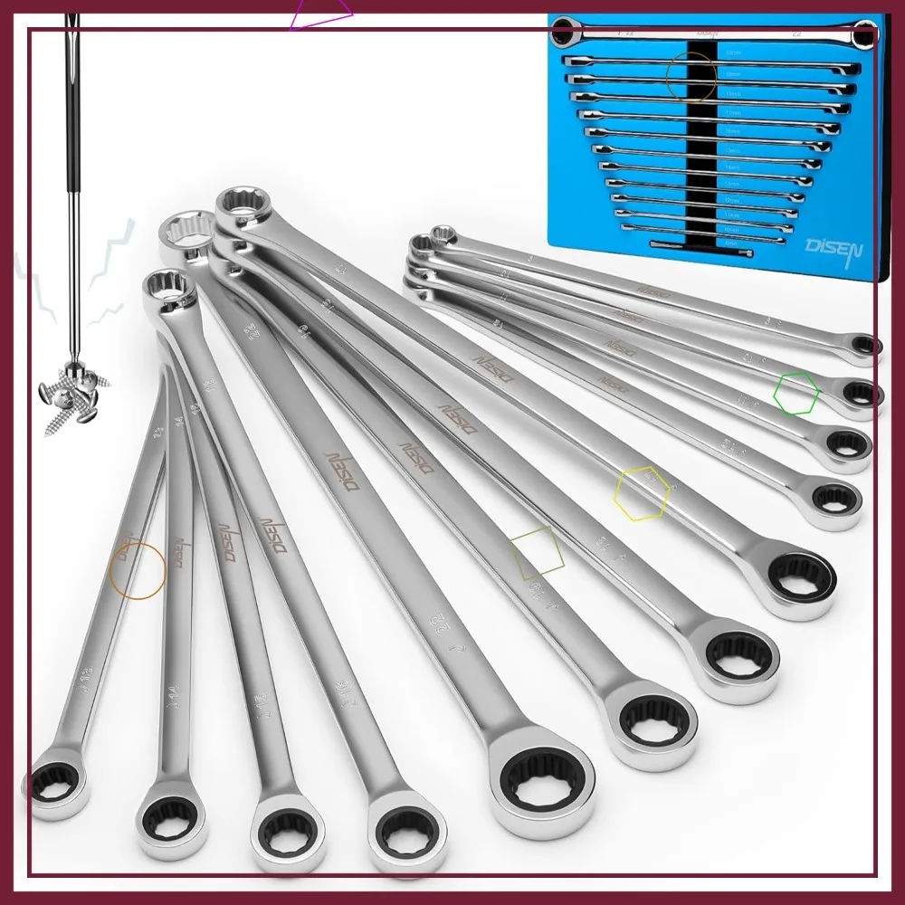 12+1 Pcs Extra Long Ratchet Wrench Set, Metric 8-22mm Double Box End with Magnetic Pickup Tool, Gift for Men
12+1 Pcs Extra Long Ratchet Wrench Set, Metric 8-22mm Double Box End with Magnetic Pickup Tool, Gift for Men