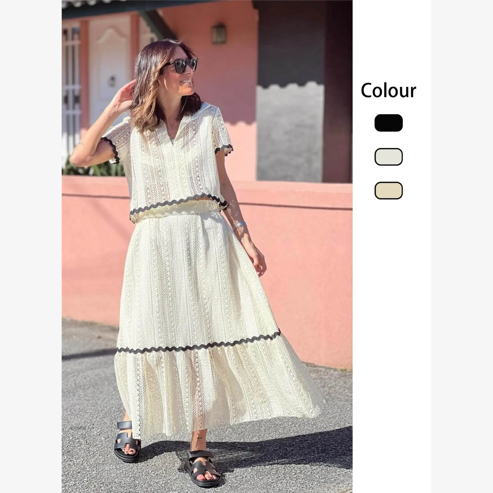 Casual Shirt Collar Lace Long Dress Women's Fashion Set Short Sleeve Floral Trim Skirt Two-Piece Suit Autumn Collection
Casual Shirt Collar Lace Long Dress Women's Fashion Set Short Sleeve Floral Trim Skirt Two-Piece Suit Autumn Collection