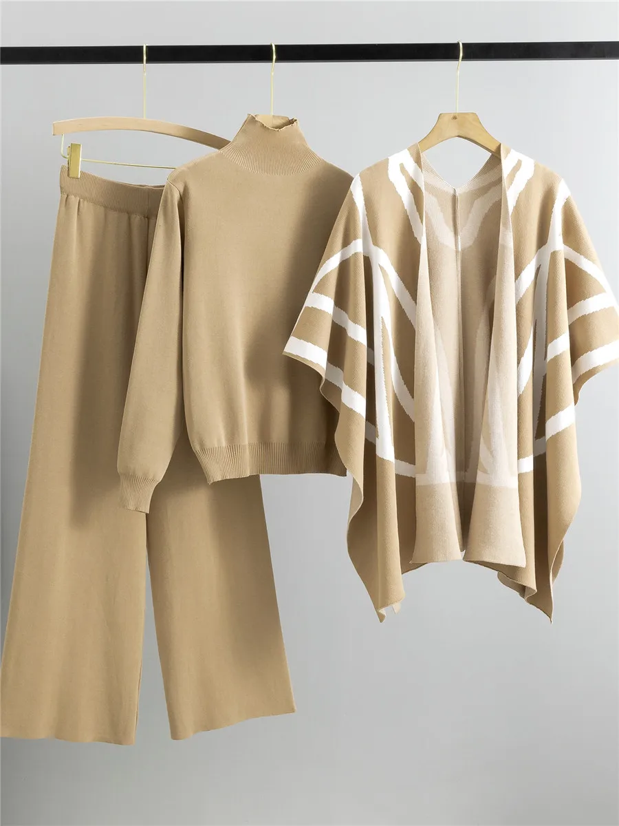 Casual Knitted Sweater Shawl Wide Leg Pants Three Piece Set for Women Autumn Winter Fashion Elegant Lady Lazy Style Ensemble
Casual Knitted Sweater Shawl Wide Leg Pants Three Piece Set for Women Autumn Winter Fashion Elegant Lady Lazy Style Ensemble