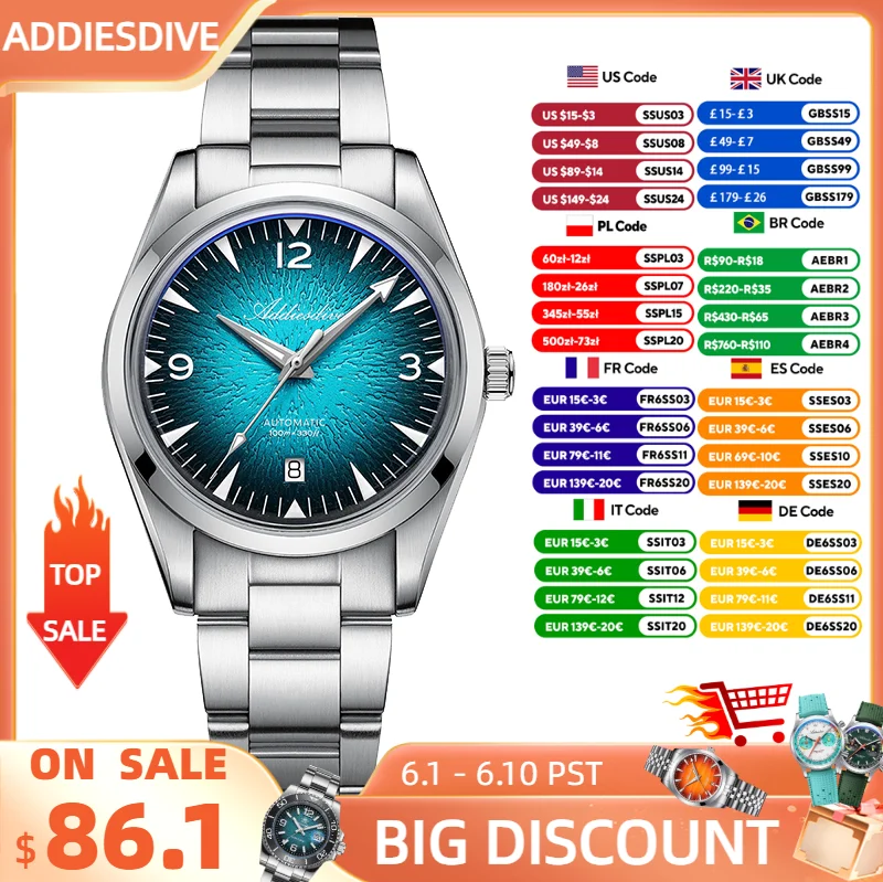 ADDIESDIVE New 39mm Men Watch Automatic Mechanical Wristwatch Gradient Design 100m Waterproodf AR Coated Domed Glass Luminous
ADDIESDIVE New 39mm Men Watch Automatic Mechanical Wristwatch Gradient Design 100m Waterproodf AR Coated Domed Glass Luminous