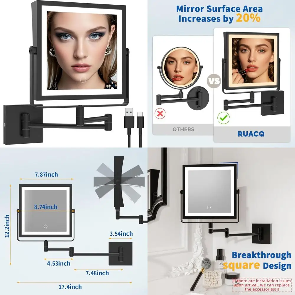 Double-Sided LED Makeup Mirror with 1X/10X Magnification, Touchscreen Dimming, 3 Color Lights, 360° Rotatable Arm, Matte Black
Double-Sided LED Makeup Mirror with 1X/10X Magnification, Touchscreen Dimming, 3 Color Lights, 360° Rotatable Arm, Matte Black