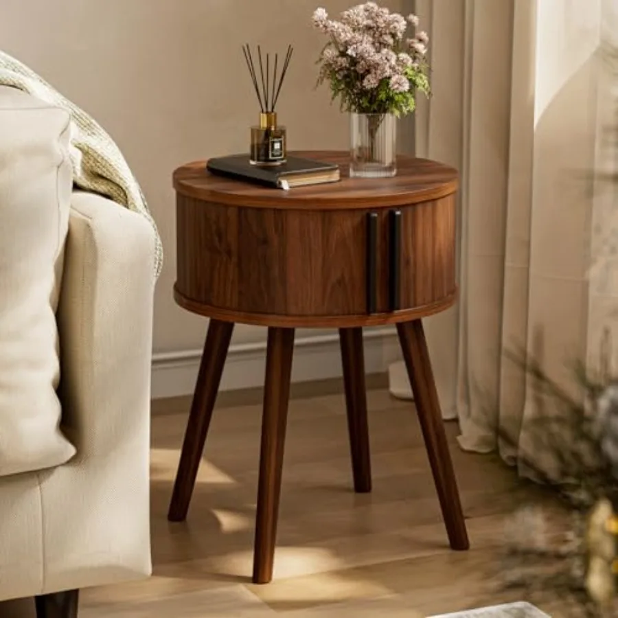 Side Table with Sliding Door Cabinet for Living Room or Bedroom, Modern Walnut End Table with Solid Wood Legs, Warm Tone, Space
Side Table with Sliding Door Cabinet for Living Room or Bedroom, Modern Walnut End Table with Solid Wood Legs, Warm Tone, Space