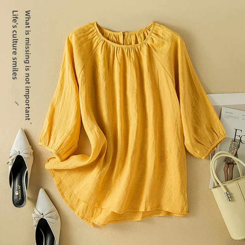 Summer New Sle Yellow Linen round Ne Oversize T-irt Hand Embroidered Loose Fit Crew Ne Cotton irt Women's Casual Wear
Summer New Sle Yellow Linen round Ne Oversize T-irt Hand Embroidered Loose Fit Crew Ne Cotton irt Women's Casual Wear