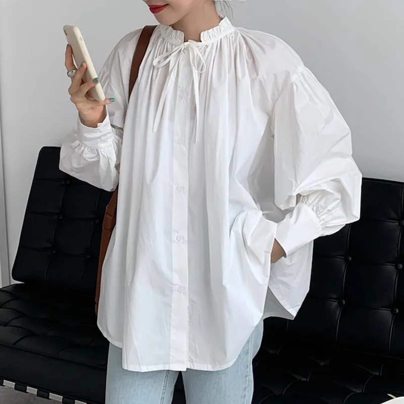 New Korea Chic Women Shirt Blouse Simple Round Neck Lace Fold Drawstring Loose Single Breasted Lantern Sleeve Shirt Top
New Korea Chic Women Shirt Blouse Simple Round Neck Lace Fold Drawstring Loose Single Breasted Lantern Sleeve Shirt Top