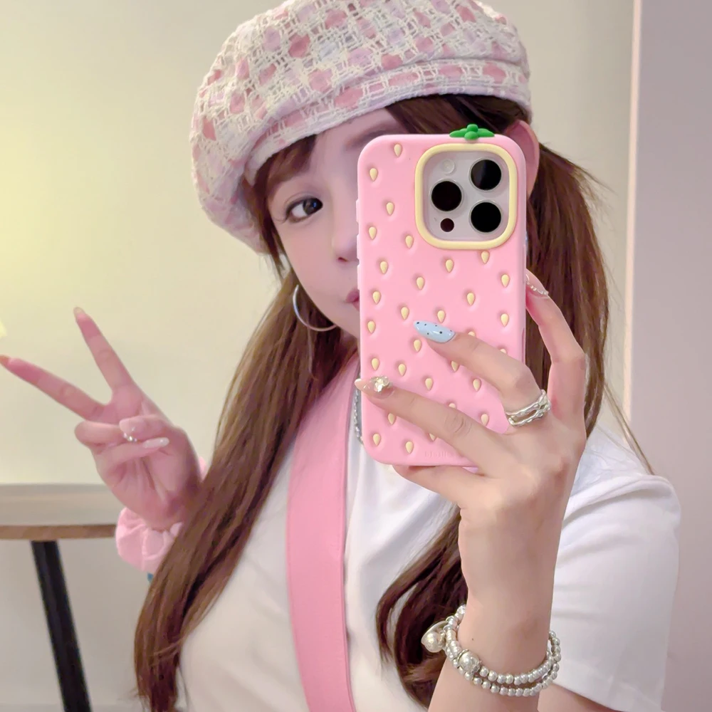 Korean Pink 3D Cartoon Strawberry Soft Silicone Phone Case Shockproof Back Cover Compatible with iPhone 12/13/14/15/16 Pro Max
Korean Pink 3D Cartoon Strawberry Soft Silicone Phone Case Shockproof Back Cover Compatible with iPhone 12/13/14/15/16 Pro Max