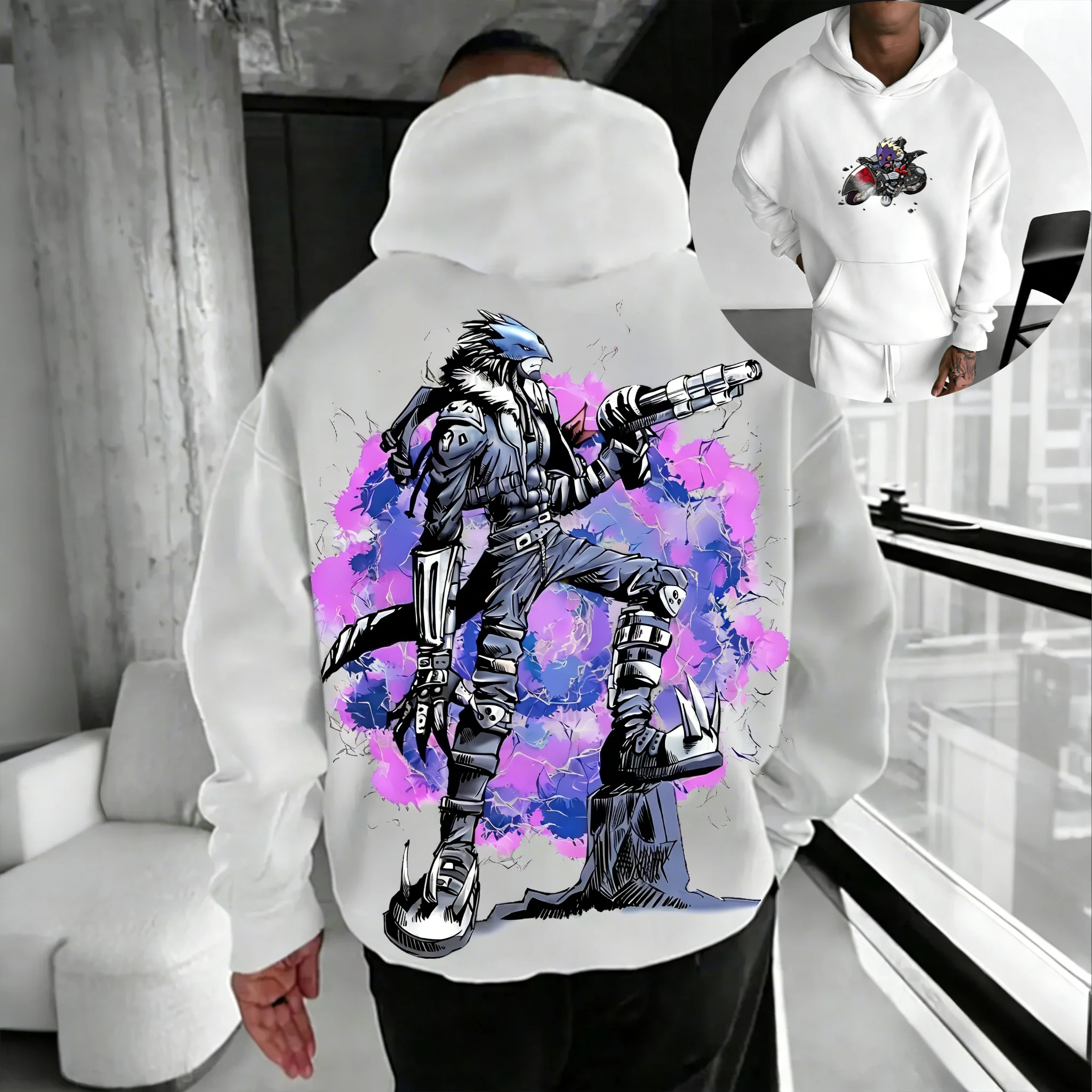 Хлопковая толстовка с капюшоном в стиле аниме белого цвета с принтом персонажей и бронированным воином, динамическая поза, фиолетовый, синий, с всплеском сзади, повседневный дизайн
Хлопковая толстовка с капюшоном в стиле аниме белого цвета с принтом персонажей и бронированным воином, динамическая поза, фиолетовый, синий, с всплеском сзади, повседневный дизайн