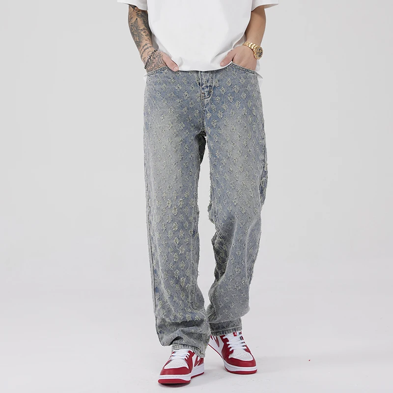 Men Jacquard Weave Denim Jeans Streetwear Ripped Distressed Vintage Blue Black Pants Loose Wide Leg Trousers
Men Jacquard Weave Denim Jeans Streetwear Ripped Distressed Vintage Blue Black Pants Loose Wide Leg Trousers