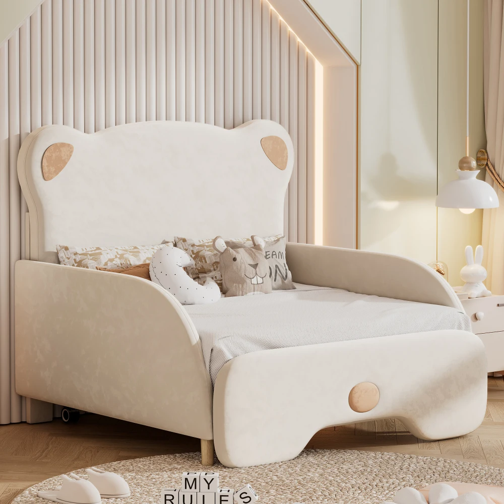 Twin XL Size Upholstered Stretchable Vaulted Sofa Bed, Bear Shaped Headboard, Beige
Twin XL Size Upholstered Stretchable Vaulted Sofa Bed, Bear Shaped Headboard, Beige