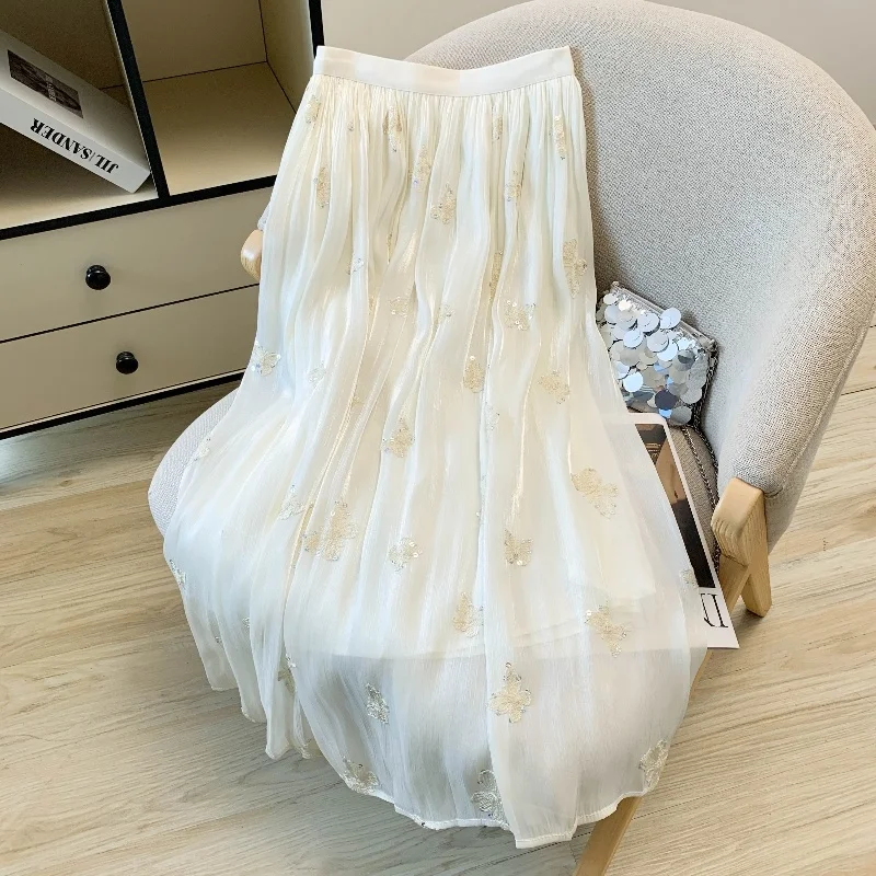 Elegant Embroidered Bead Lace A-Line Midi Skirt Women's Summer Slimming Skirt High Waist Polyester Fiber Fairy Skirt
Elegant Embroidered Bead Lace A-Line Midi Skirt Women's Summer Slimming Skirt High Waist Polyester Fiber Fairy Skirt