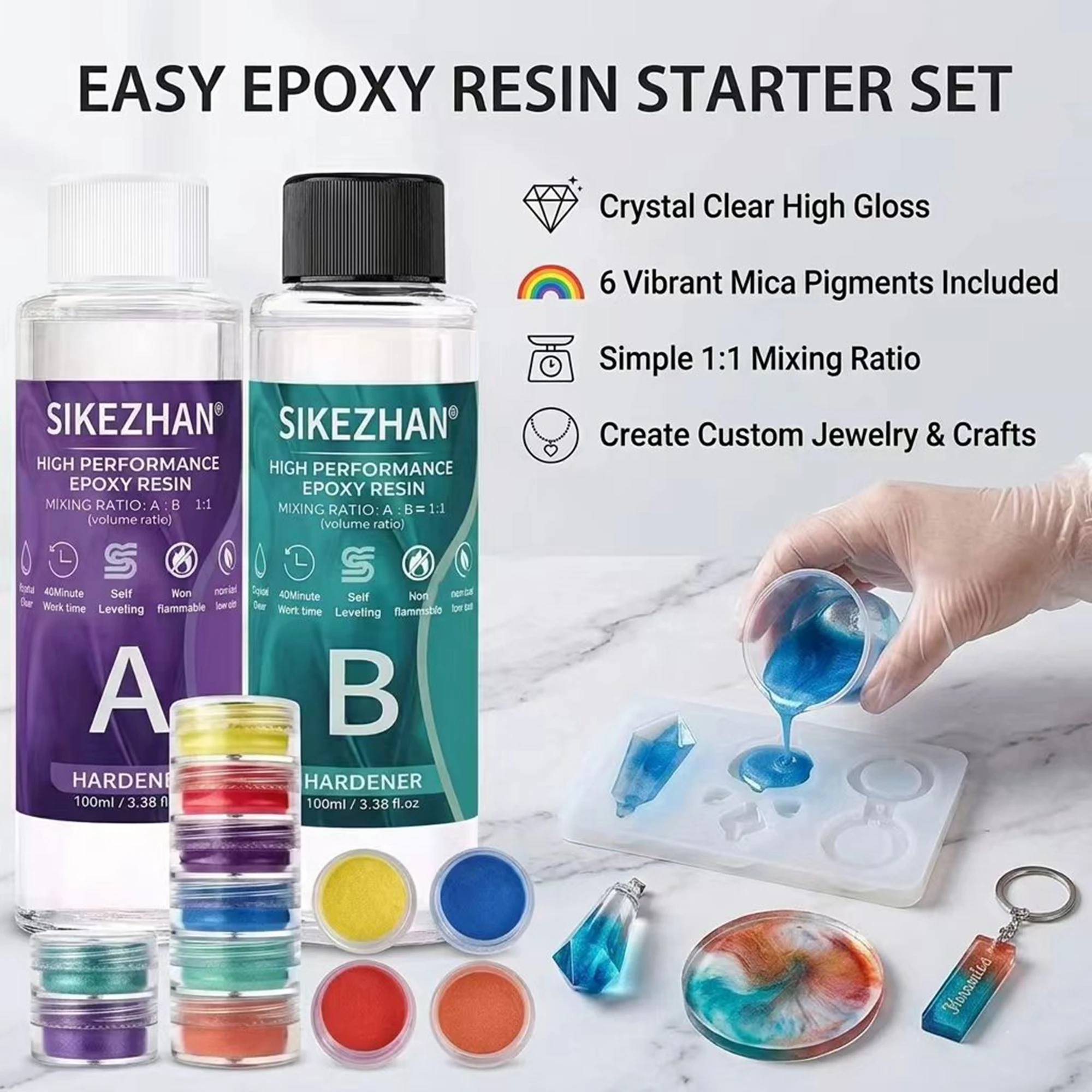 Crystal Clear Epoxy Resin Kit with 6 Colors Mica Powder Complete Tool Set for Beginner Jewelry Making DIY Coasters and Keychains
Crystal Clear Epoxy Resin Kit with 6 Colors Mica Powder Complete Tool Set for Beginner Jewelry Making DIY Coasters and Keychains