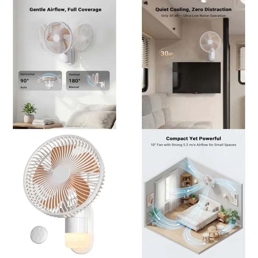 10" Wall Mount Fan with Light and Remote Control for Small Spaces, RV Fan with 30dB Quiet, 20ft Powerful Airflow, Timer, 90° Au
10" Wall Mount Fan with Light and Remote Control for Small Spaces, RV Fan with 30dB Quiet, 20ft Powerful Airflow, Timer, 90° Au