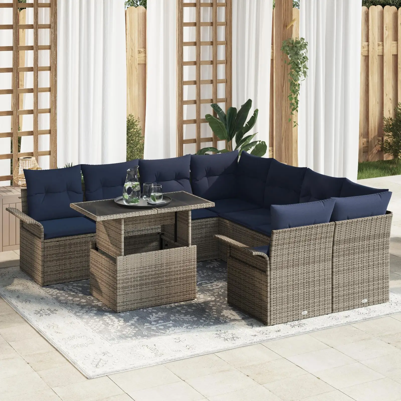 9 Piece Grey Poly Rattan Garden Sofa Set with Comfortable Cushions for Outdoor Patio Living Room
9 Piece Grey Poly Rattan Garden Sofa Set with Comfortable Cushions for Outdoor Patio Living Room