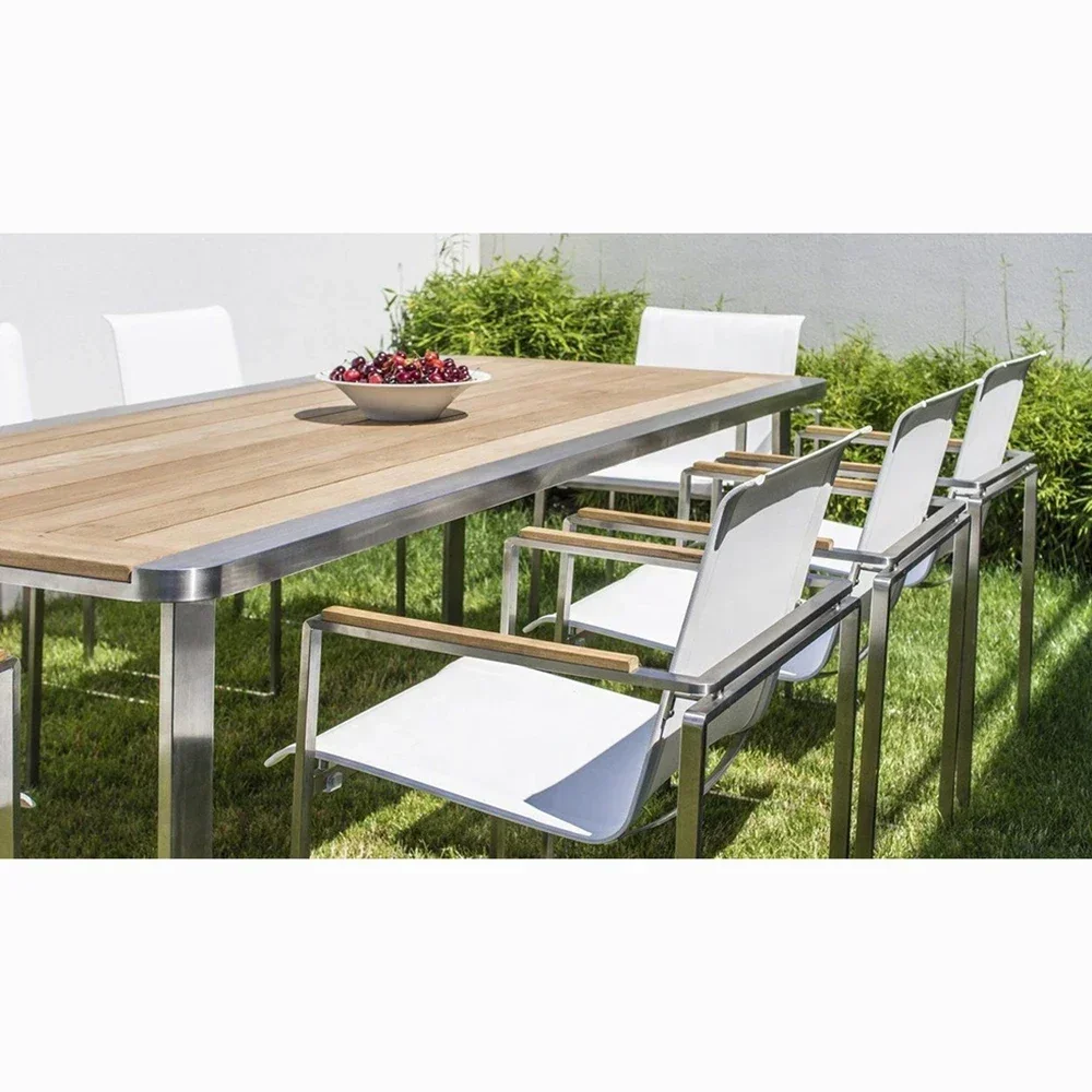 Luxury Hotel Stainless Steel Frame Teak Top Outdoor Table and Chair Patio Dining Table Set Home Backyard Wood Garden Dining Set
Luxury Hotel Stainless Steel Frame Teak Top Outdoor Table and Chair Patio Dining Table Set Home Backyard Wood Garden Dining Set