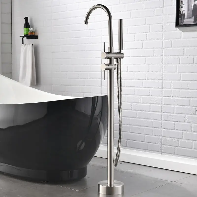 Freestanding Tub Filler Faucet with Handheld Shower in Brushed Nickel Finish
Freestanding Tub Filler Faucet with Handheld Shower in Brushed Nickel Finish