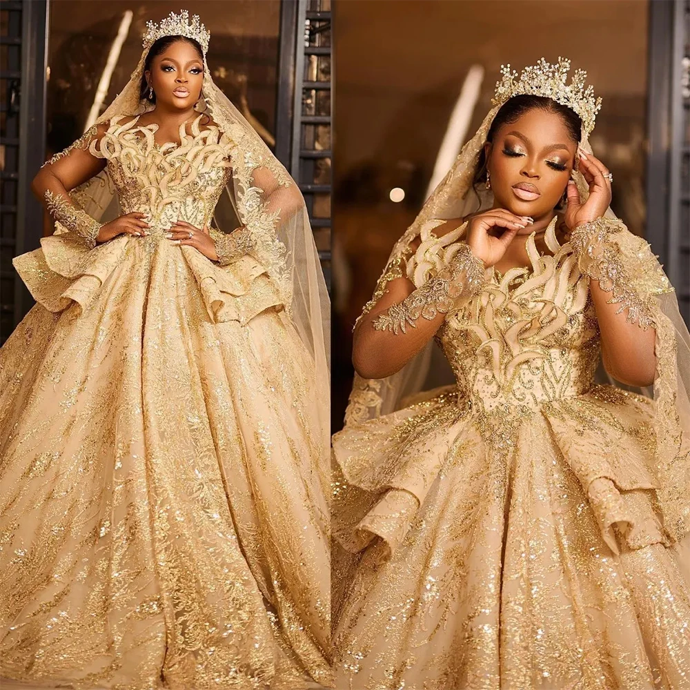 Flabulous Champagne Wedding Dresses for Bridal Luxury Appliques Lace O-Neck Long Sleeve Ball Gowns Formal Occasion Dress
Flabulous Champagne Wedding Dresses for Bridal Luxury Appliques Lace O-Neck Long Sleeve Ball Gowns Formal Occasion Dress