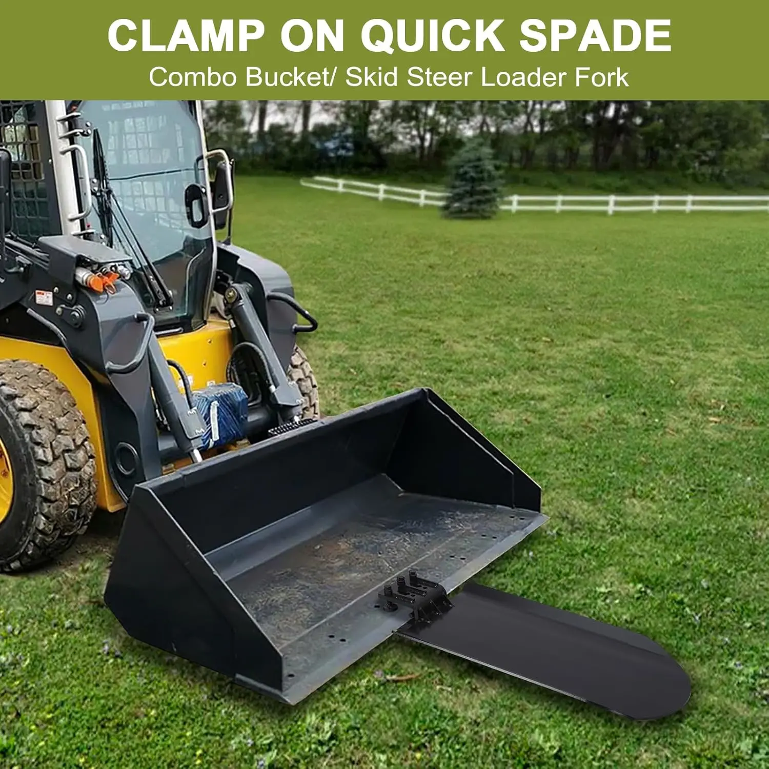 Clamp On Quick Spade 46 in x 19 in, Attachment for Skid Steer, Tractor Bucket or Pallet Fork, Integrated Chain Hook, Dig Footings, Trenches, and Stump Removal
Clamp On Quick Spade 46 in x 19 in, Attachment for Skid Steer, Tractor Bucket or Pallet Fork, Integrated Chain Hook, Dig Footings, Trenches, and Stump Removal