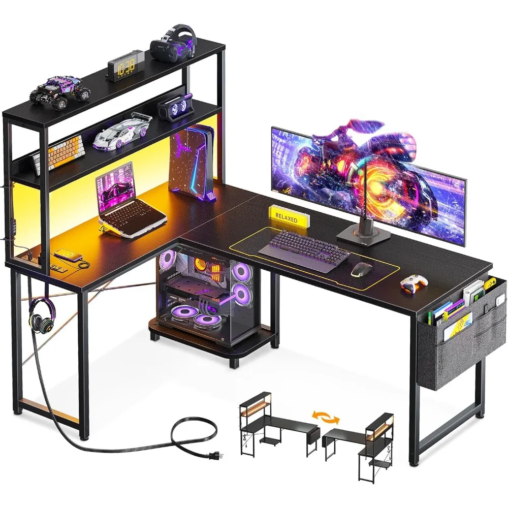 53 Inch L Shaped Desk with LED Lighting, Reversible Gaming Desk with Power Outlets, Cornor Computer Table with Storage Shelves
53 Inch L Shaped Desk with LED Lighting, Reversible Gaming Desk with Power Outlets, Cornor Computer Table with Storage Shelves