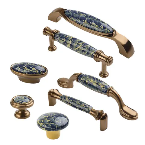 American Blue And Yellow Drawer Cabinet Knob Ceramic Zinc Alloy Vintage Kitchen Cupboard Hardware Furniture Dresser Pull Handle