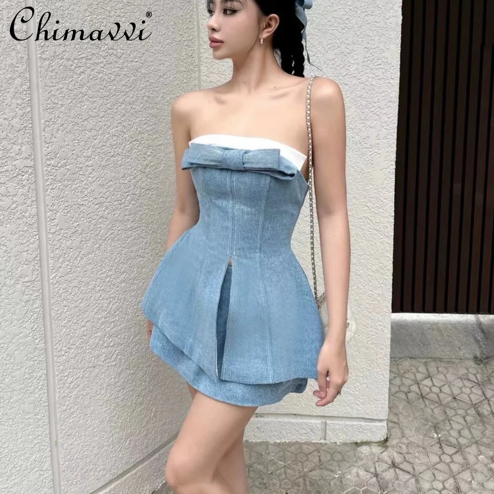 French Elegant Temperament Celebrity Strapless Bow Slim Split Tops High Waist Hip-Wrapped Mini Skirts Two-piece Set For Women
French Elegant Temperament Celebrity Strapless Bow Slim Split Tops High Waist Hip-Wrapped Mini Skirts Two-piece Set For Women