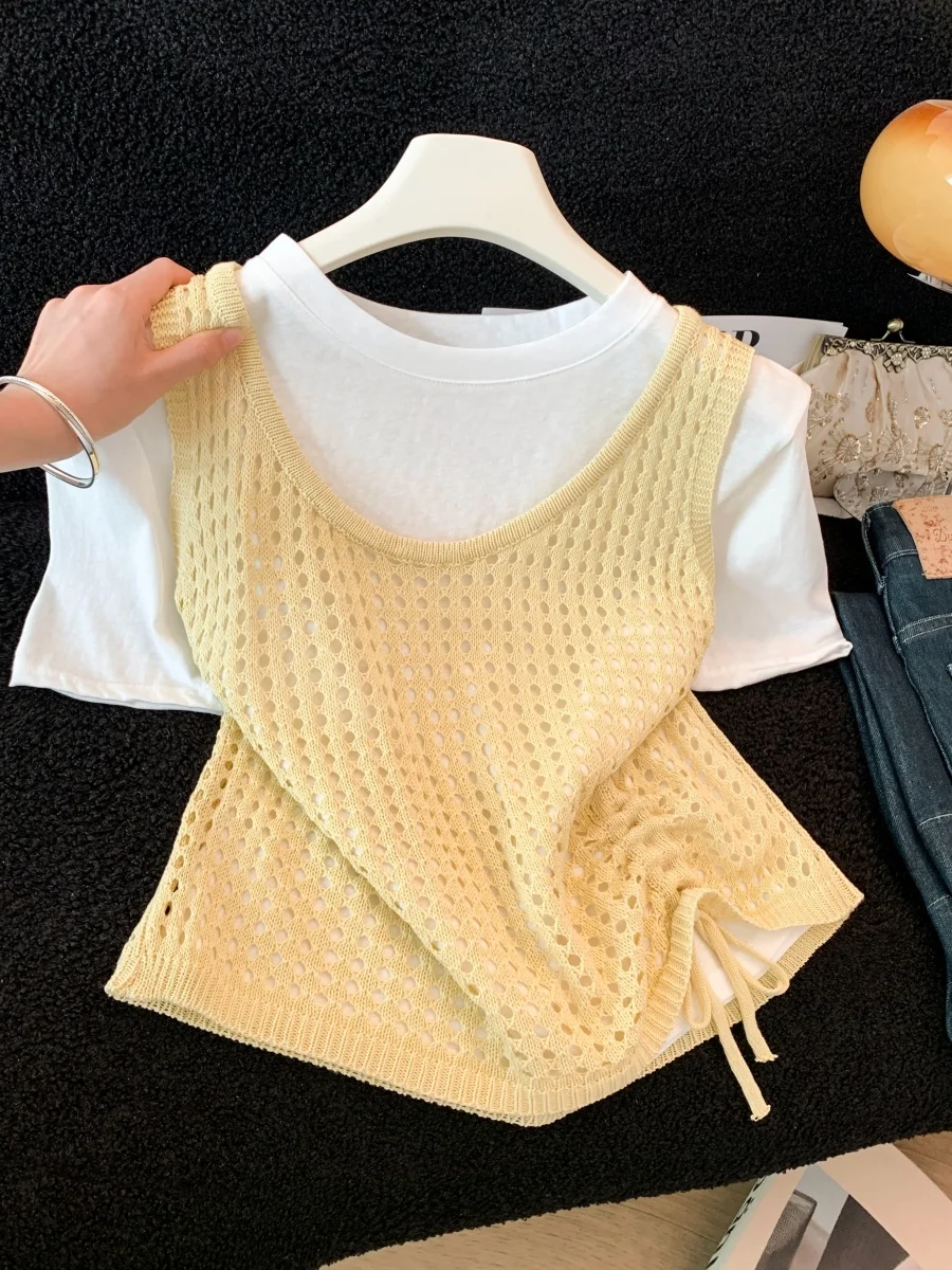 Summer New Women's Knitted Hollow out Short Sleeve T-Shirt with Drawstring Strap Two-Piece Set Korean Style Loose Fit Casual ...
Summer New Women's Knitted Hollow out Short Sleeve T-Shirt with Drawstring Strap Two-Piece Set Korean Style Loose Fit Casual ...