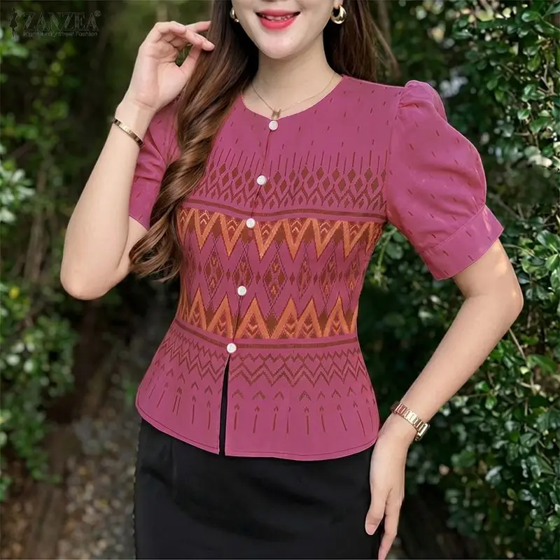 ZANZEA Woman Elegant Ethnic Style Printing Blouses O-Neck Short Puff Sleeve Button Up Shirts Summer Fitted Waist Blusas de Mujer
ZANZEA Woman Elegant Ethnic Style Printing Blouses O-Neck Short Puff Sleeve Button Up Shirts Summer Fitted Waist Blusas de Mujer