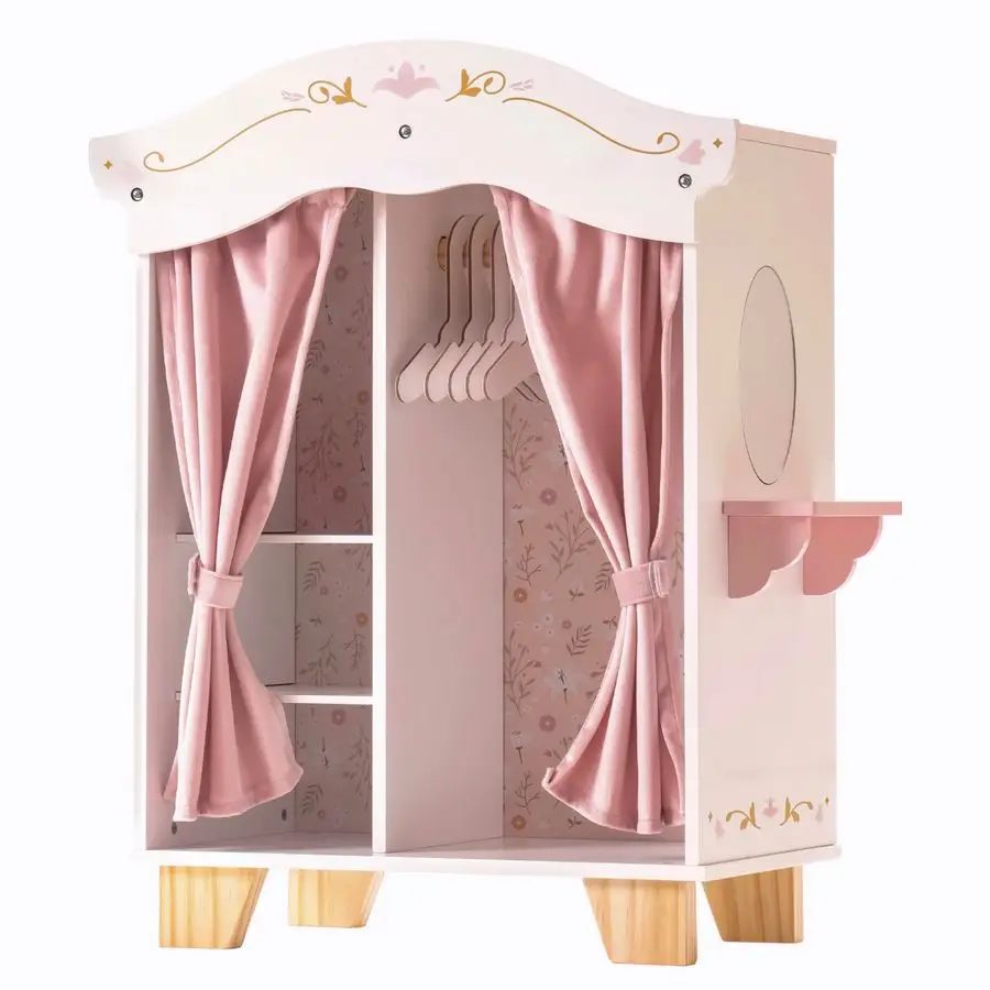 ROBUD Wooden Play Armoire Closet for Dolls, Doll Closet Furniture Wardrobe with 5 Hangers, Mirror, Velvet Curtains, Fits 16 u20
ROBUD Wooden Play Armoire Closet for Dolls, Doll Closet Furniture Wardrobe with 5 Hangers, Mirror, Velvet Curtains, Fits 16 u20