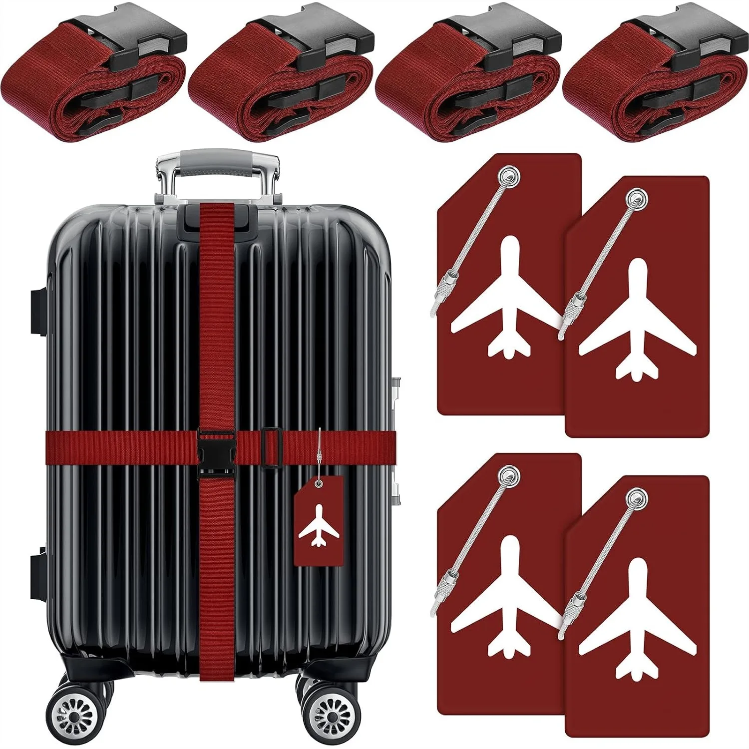 8 Pcs Luggage Straps and Suitcase Tags Set for Travel, Adjustable Suitcase Belt with Silicone Tags and Name ID Card (Wine Red)
8 Pcs Luggage Straps and Suitcase Tags Set for Travel, Adjustable Suitcase Belt with Silicone Tags and Name ID Card (Wine Red)