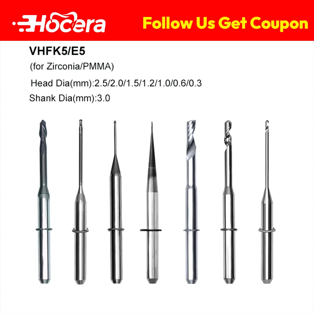 Hocera Dental Milling Burs for VHF K5 E5, Zirconia PMMA Grinding Drills with Diamond DC NC Coating Flat End Single Cut
Hocera Dental Milling Burs for VHF K5 E5, Zirconia PMMA Grinding Drills with Diamond DC NC Coating Flat End Single Cut