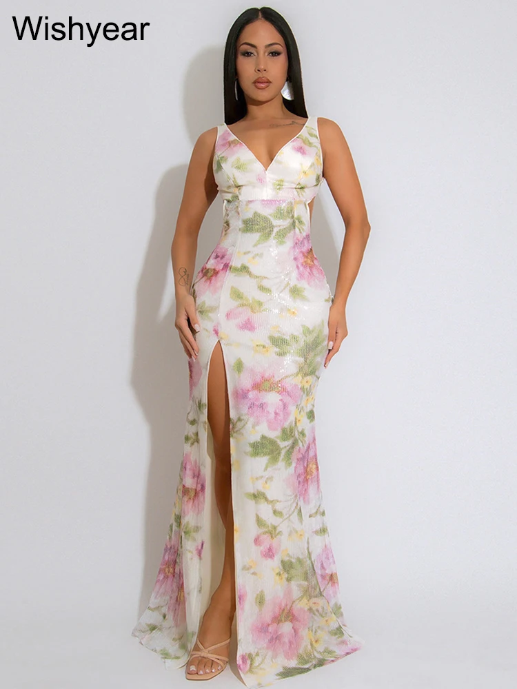 New Flower Print Sequins Spaghetti Strap Sleeveless High Slit Long Dress Woman Sexy Vacation Party Birthday Prom Summer Robe 
New Flower Print Sequins Spaghetti Strap Sleeveless High Slit Long Dress Woman Sexy Vacation Party Birthday Prom Summer Robe