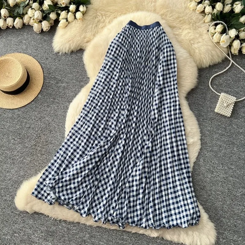 Women's Gingham Print Pleated Maxi Skirt High Waist Elastic A-line Swing Skirt
Women's Gingham Print Pleated Maxi Skirt High Waist Elastic A-line Swing Skirt
