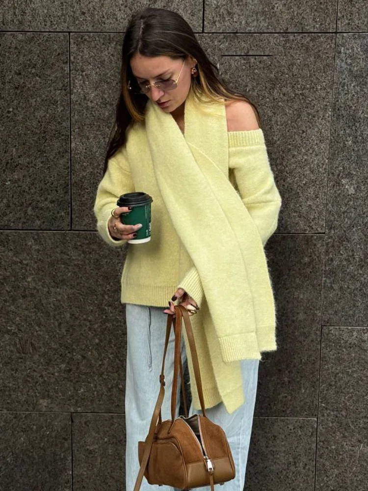 Шикарный вязаный пуловер с шарфом и воротником, женский элегантный однотонный свободный свитер с длинными рукавами, женские осенние уличные топы 2023 г. 
Шикарный вязаный пуловер с шарфом и воротником, женский элегантный однотонный свободный свитер с длинными рукавами, женские осенние уличные топы 2023 г.