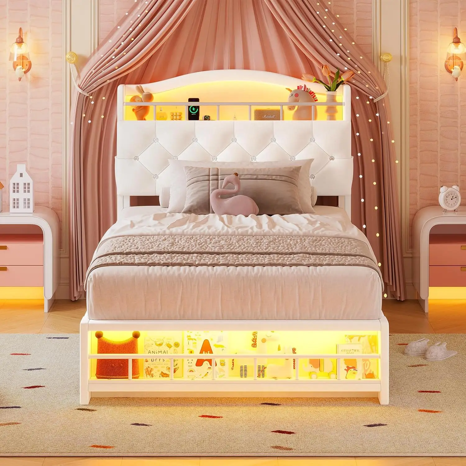 Twin Size Bed Frame With Led Lights, Press Velvet Upholstered Platform Bed For Girls, Headboard With Charging Station &
Twin Size Bed Frame With Led Lights, Press Velvet Upholstered Platform Bed For Girls, Headboard With Charging Station &