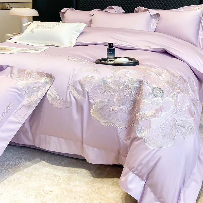 Luxury Flowers Embroidery Bedding Set Egyptian Cotton Purple Duvet Cover Sets Fitted Bed Sheet Pillowcase Solid Color Bedclothes
Luxury Flowers Embroidery Bedding Set Egyptian Cotton Purple Duvet Cover Sets Fitted Bed Sheet Pillowcase Solid Color Bedclothes
