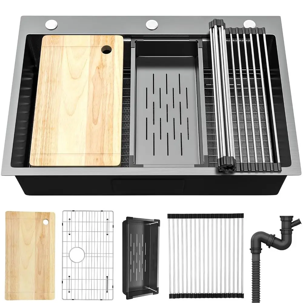 Кухонная мойка из нержавеющей стали цвета оружейной стали (33 дюйма), с одной чашей, с поддоном и аксессуарами, нанопокрытие для защиты от царапин
Кухонная мойка из нержавеющей стали цвета оружейной стали (33 дюйма), с одной чашей, с поддоном и аксессуарами, нанопокрытие для защиты от царапин
