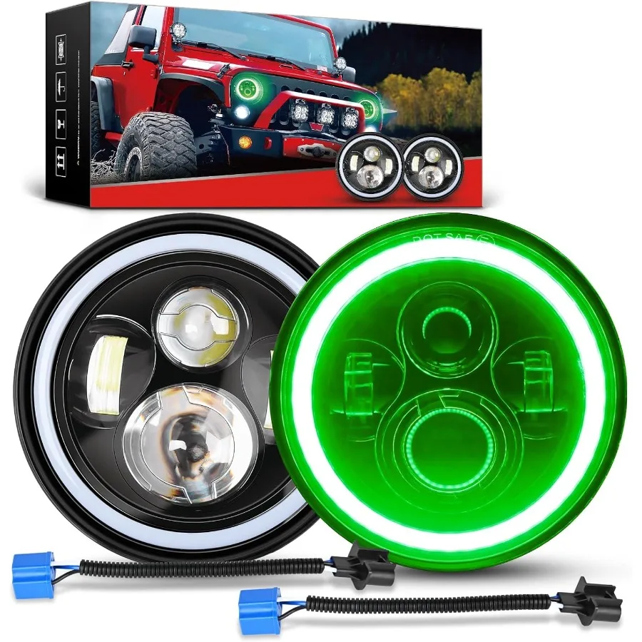 7 Inch Round LED Halo Headlights with Integrated Turn Signal Amber Light and Green DRL High and Low Beam Functionality Universa
7 Inch Round LED Halo Headlights with Integrated Turn Signal Amber Light and Green DRL High and Low Beam Functionality Universa