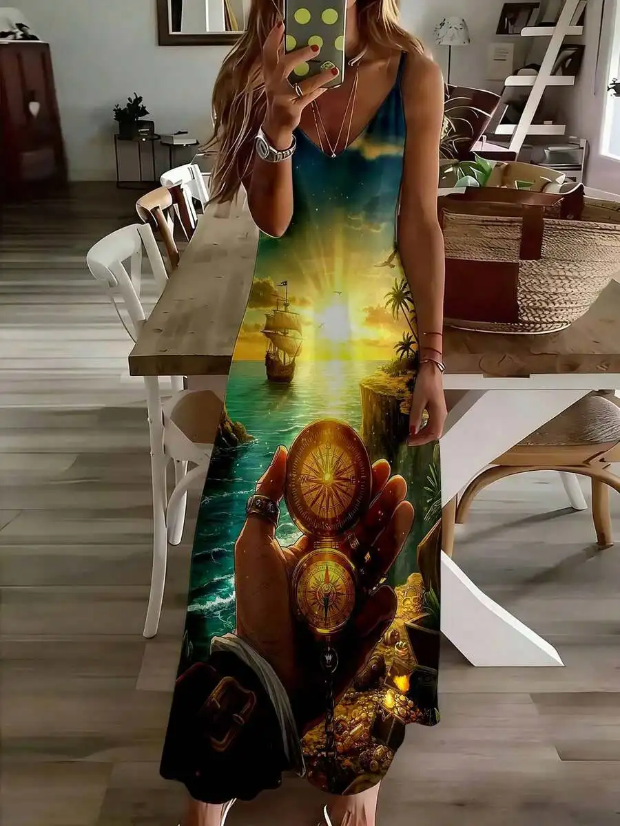 Pirate Sunset Compass Print Sleeveless Dress With Ship Treasure Island Design Casual Outdoor Wear
Pirate Sunset Compass Print Sleeveless Dress With Ship Treasure Island Design Casual Outdoor Wear