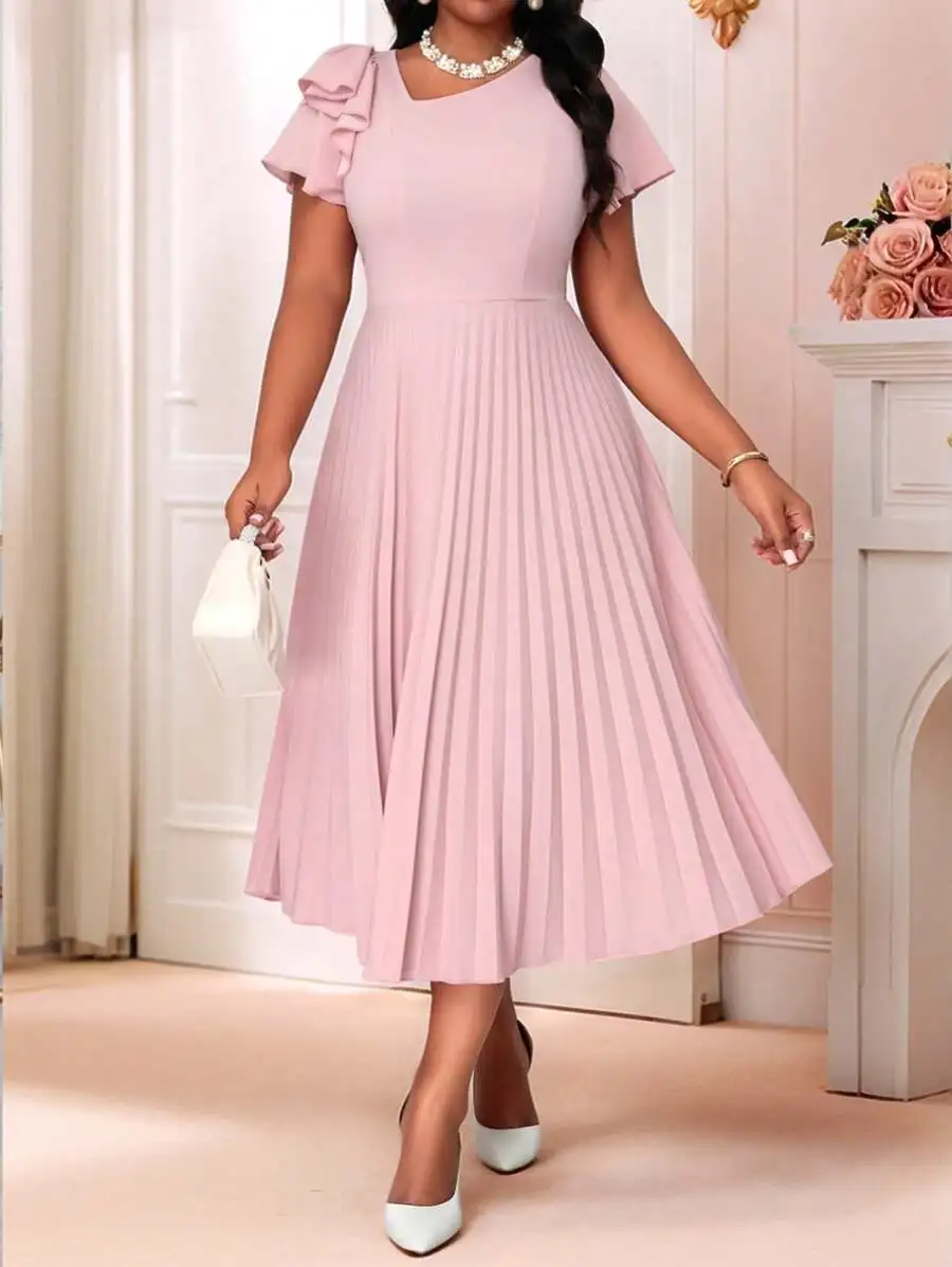 Pink Pleated Midi Dress with Ruffle Sleeve and Round Neck
Pink Pleated Midi Dress with Ruffle Sleeve and Round Neck