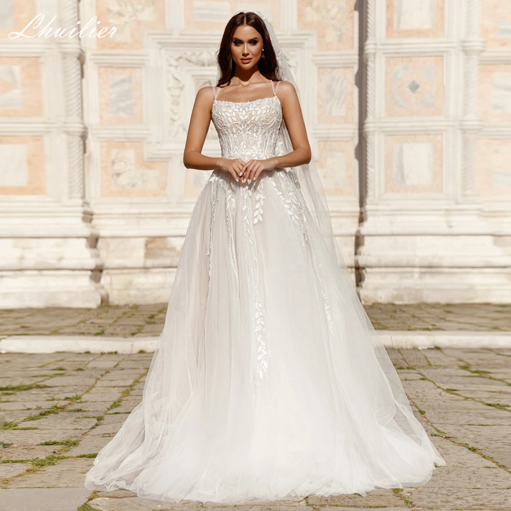 Lhuilier Customized A Line Spaghetti Straps Wedding Dresses Sleeveless Illusion Lace Bridal Gowns with Court Train
Lhuilier Customized A Line Spaghetti Straps Wedding Dresses Sleeveless Illusion Lace Bridal Gowns with Court Train