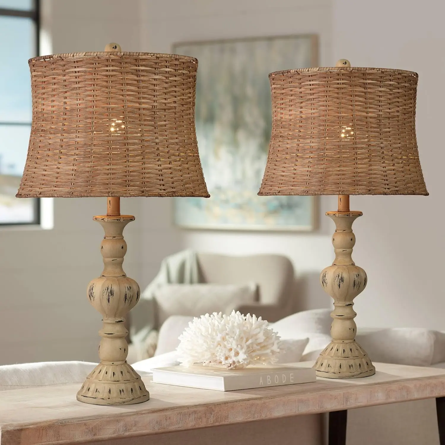 26.5" High Setof 2 Antique White Candlestick Tropical Rattan Tapered Drum Shade for Living Room Bedroom House Bedside Nightstand
26.5" High Setof 2 Antique White Candlestick Tropical Rattan Tapered Drum Shade for Living Room Bedroom House Bedside Nightstand