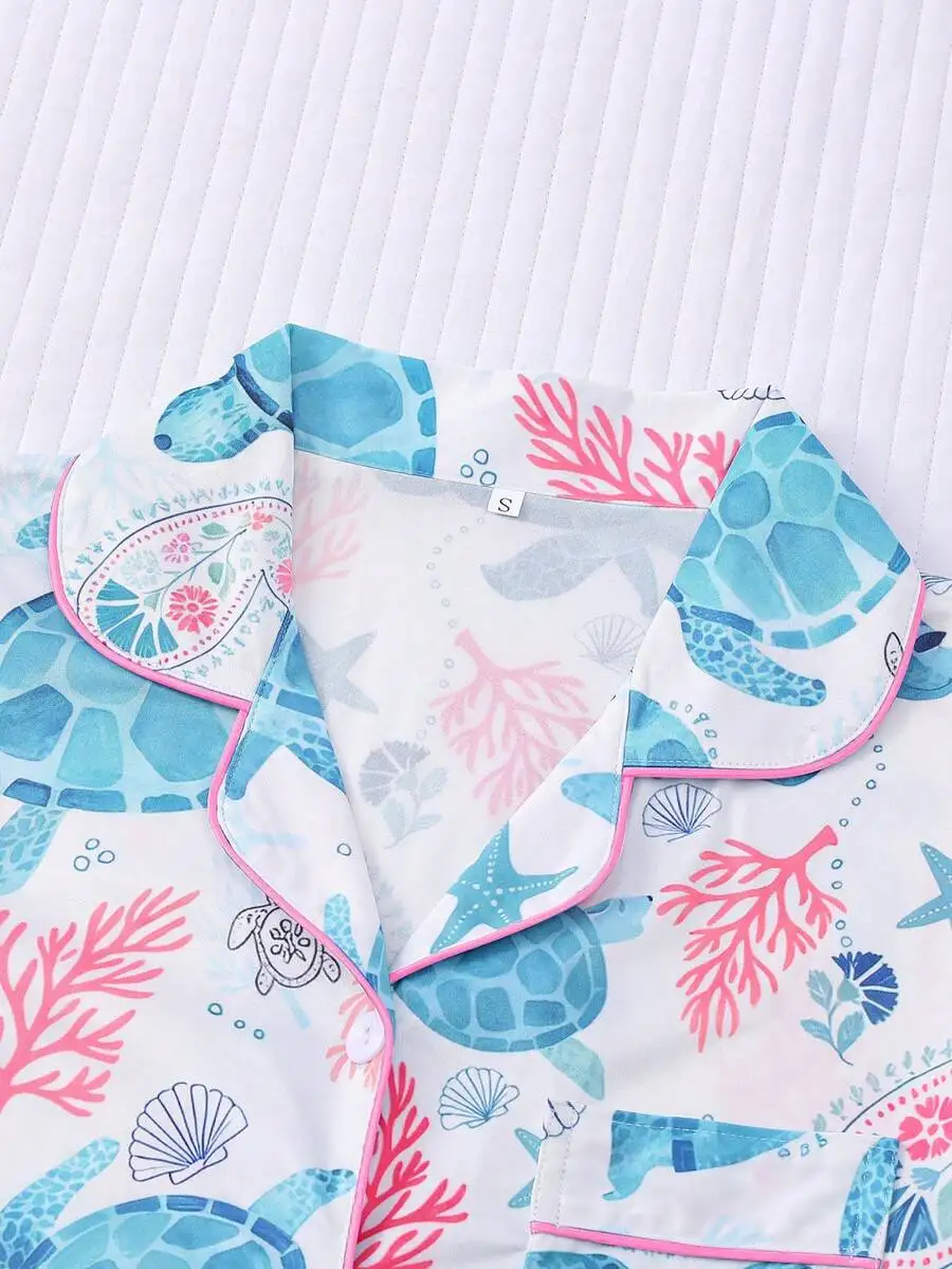 Womens 2-Piece Turtle And Sea Print Pajama Set Short Sleeve Lapel Shirt With Button Loose Elastic Shorts
Womens 2-Piece Turtle And Sea Print Pajama Set Short Sleeve Lapel Shirt With Button Loose Elastic Shorts