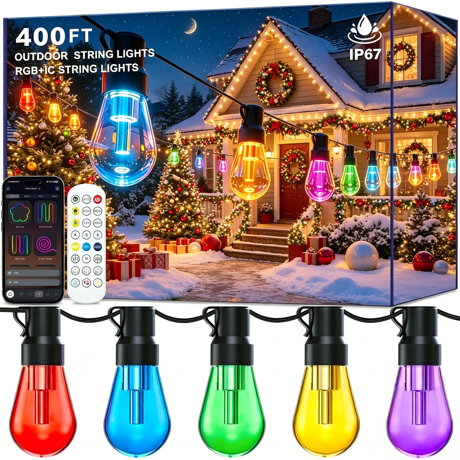 400FT RGB+IC LED String Lights, APP Control Music Sync DreamColor Chasing Light, IP67 Waterproof Shatterproof Dimmable Outdoor Bulb Lights, Multicolor Dynamic Lighting for Patio Balcony Garden Yard Decor
400FT RGB+IC LED String Lights, APP Control Music Sync DreamColor Chasing Light, IP67 Waterproof Shatterproof Dimmable Outdoor Bulb Lights, Multicolor Dynamic Lighting for Patio Balcony Garden Yard Decor