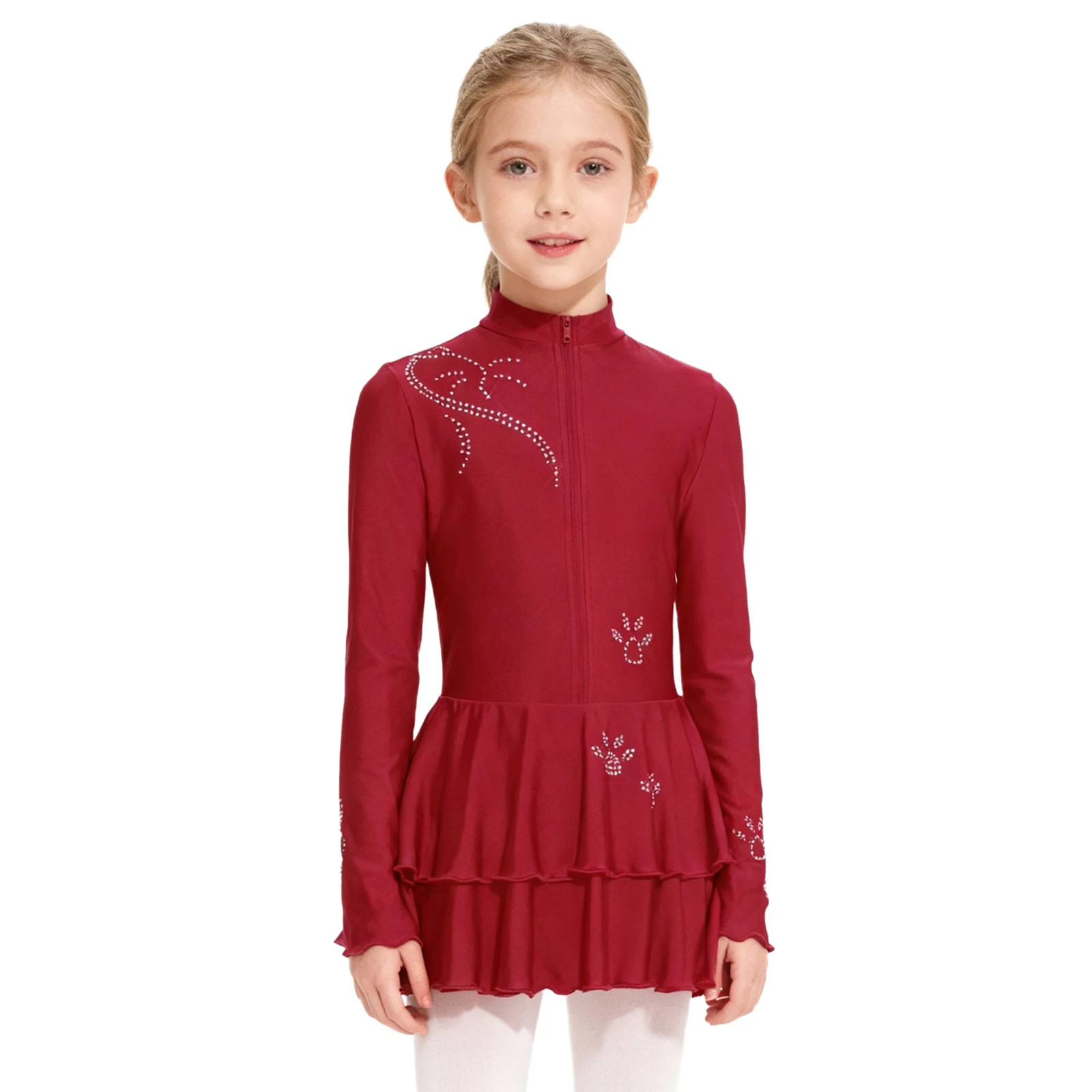 Girls Figure Skating Leotard Dress Rhinestones Mock Neck Long Sleeve Front Zip Tiered Ruffled Hem Built-in Briefs Dance Costume
Girls Figure Skating Leotard Dress Rhinestones Mock Neck Long Sleeve Front Zip Tiered Ruffled Hem Built-in Briefs Dance Costume