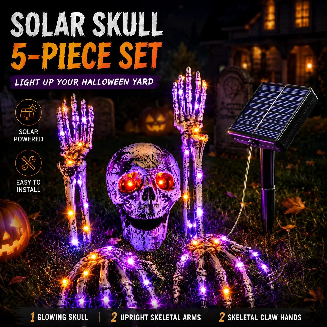 Solar Skull 5Pcs Halloween Yard Lights Purple Orange LED Skeleton Hands Outdoor Garden Lawn Party Decor
Solar Skull 5Pcs Halloween Yard Lights Purple Orange LED Skeleton Hands Outdoor Garden Lawn Party Decor