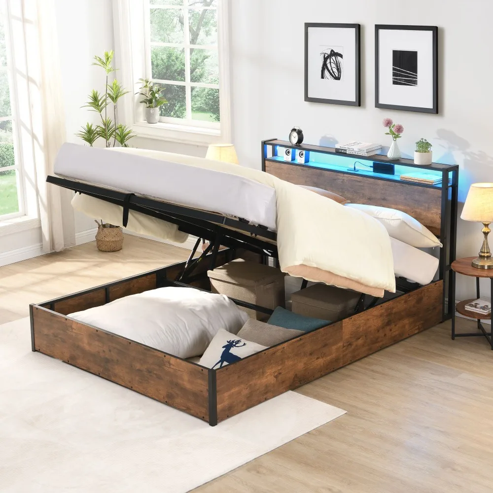 Lift-up Storage Bed Frame, Full Size Bed Frame with Bookcase Headboard & LED Lights, Wooden Platform Bed Frame
Lift-up Storage Bed Frame, Full Size Bed Frame with Bookcase Headboard & LED Lights, Wooden Platform Bed Frame