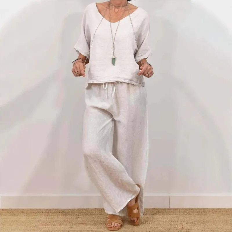 Summer Simple Solid Linen Blend 2 Pieces Sets For Women Outfits Casual O-neck Half Sleeved Top + Wide Leg Pants Two Piece Set
Summer Simple Solid Linen Blend 2 Pieces Sets For Women Outfits Casual O-neck Half Sleeved Top + Wide Leg Pants Two Piece Set