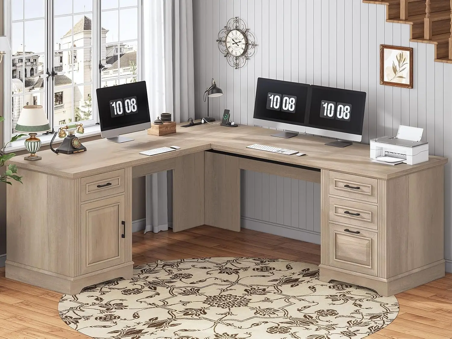 Farmhouse 69" Executive L Shaped Desk, Corner Computer Desk with Storage Drawers and Power Outlet, Home Office Desk with File D
Farmhouse 69" Executive L Shaped Desk, Corner Computer Desk with Storage Drawers and Power Outlet, Home Office Desk with File D