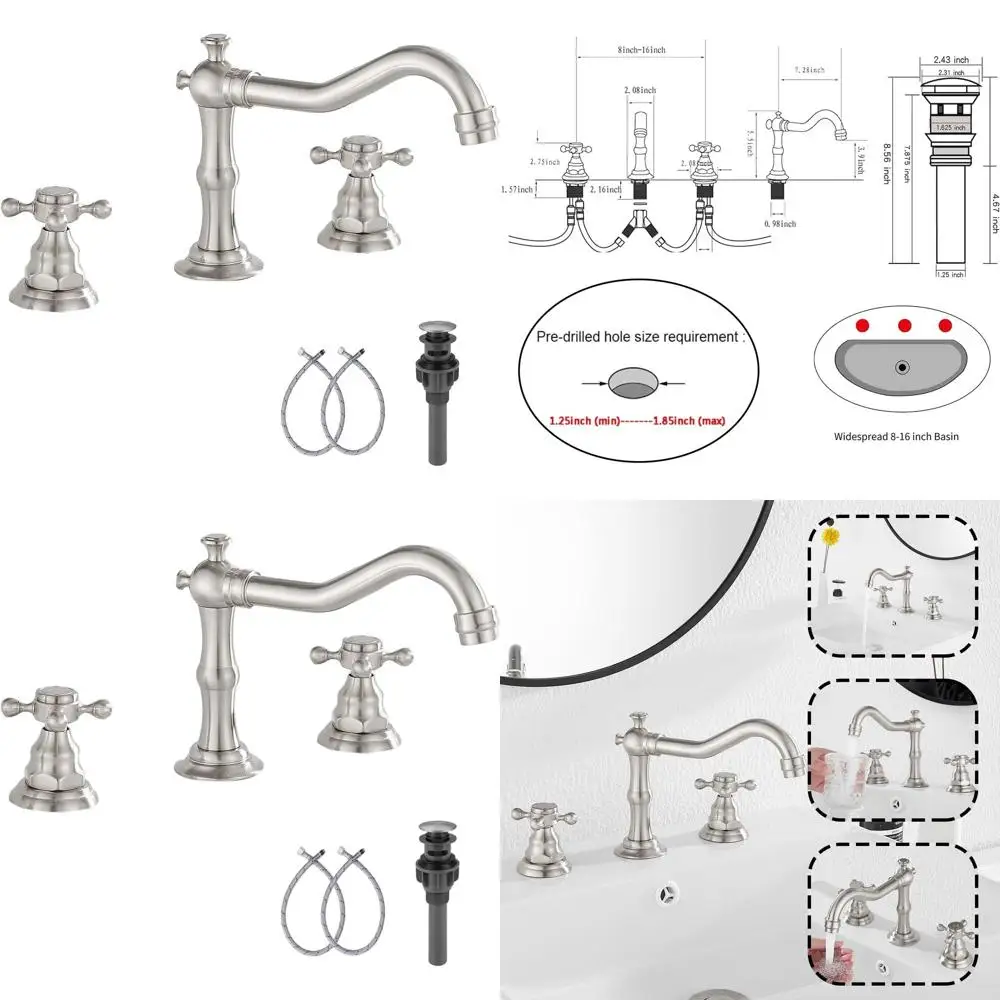 8-16 Widespread Brushed Nickel Bathroom Sink Faucet with Pop-Up Drain and Matching Accessories
8-16 Widespread Brushed Nickel Bathroom Sink Faucet with Pop-Up Drain and Matching Accessories