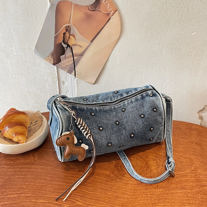 Women's Denim Underarm Bag Rivet Decor Shoulder Bag with Horse Charm Casual Cylinder Tote Bag for Daily Use
Women's Denim Underarm Bag Rivet Decor Shoulder Bag with Horse Charm Casual Cylinder Tote Bag for Daily Use